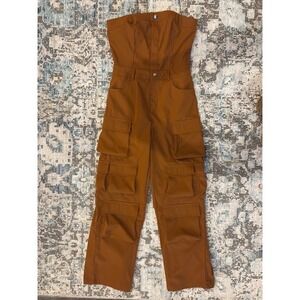 Women Strapless Cargo Jumpsuit Brown Wide Leg Utility Multi Pocket Size M
